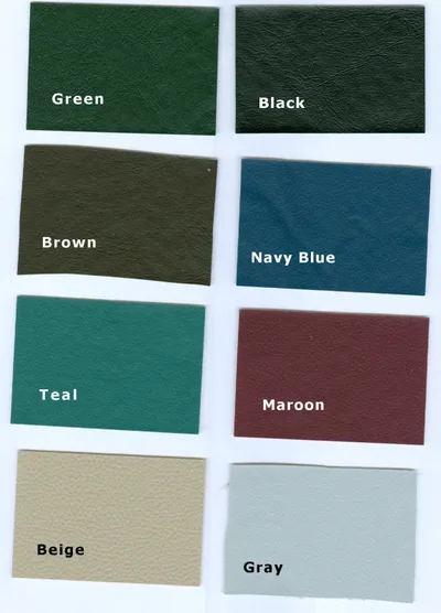 Vinyl A/C cover color swatches: green, black, brown, navy blue, teal, maroon, beige and gray