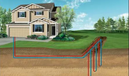 Illustration of a house with geothermal loop pipes running underground